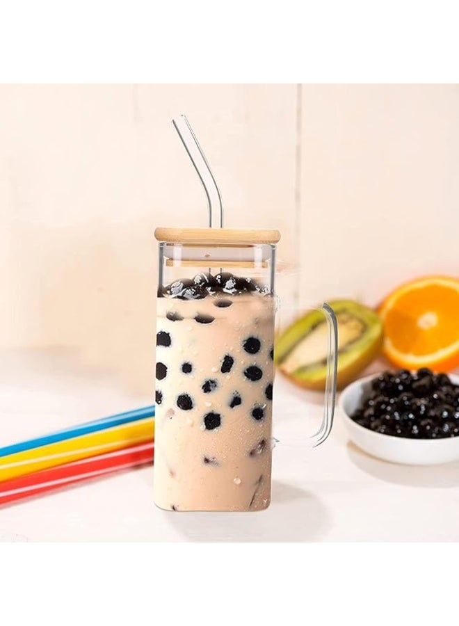 Glass Tumbler with Colored Handle Pack of 1, 400ml Coffee Sipper with Wooden Lid and Glass Straw Iced Tea Mug Clear Drinking Cup for Juice, Milk, Smoothie, Beer - Image 2