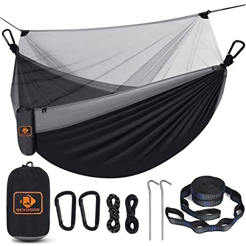 Qevooon Camping Hammock with Net,Travel Portable Lightweight Hammocks with Tree Straps and Solid D-Shape Carabiners,Parachute Nylon Hammock for Outsides Backpacking Beach Backyard Patio Hiking - Image 1