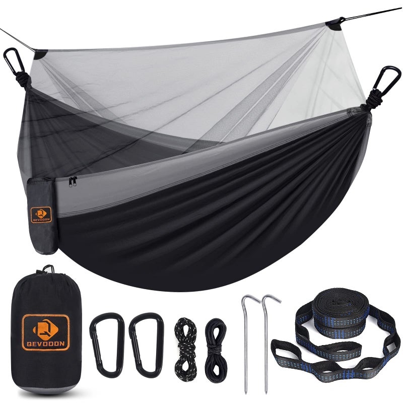 Qevooon Camping Hammock with Net,Travel Portable Lightweight Hammocks with Tree Straps and Solid D-Shape Carabiners,Parachute Nylon Hammock for Outsides Backpacking Beach Backyard Patio Hiking - Image 5