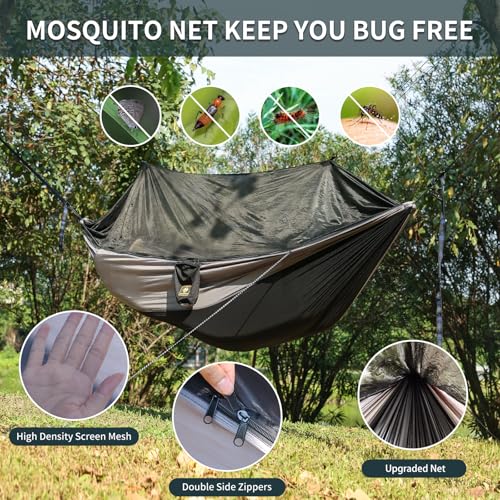 Qevooon Camping Hammock with Net,Travel Portable Lightweight Hammocks with Tree Straps and Solid D-Shape Carabiners,Parachute Nylon Hammock for Outsides Backpacking Beach Backyard Patio Hiking - Image 2