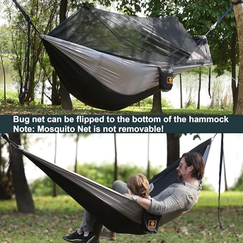 Qevooon Camping Hammock with Net,Travel Portable Lightweight Hammocks with Tree Straps and Solid D-Shape Carabiners,Parachute Nylon Hammock for Outsides Backpacking Beach Backyard Patio Hiking - Image 3