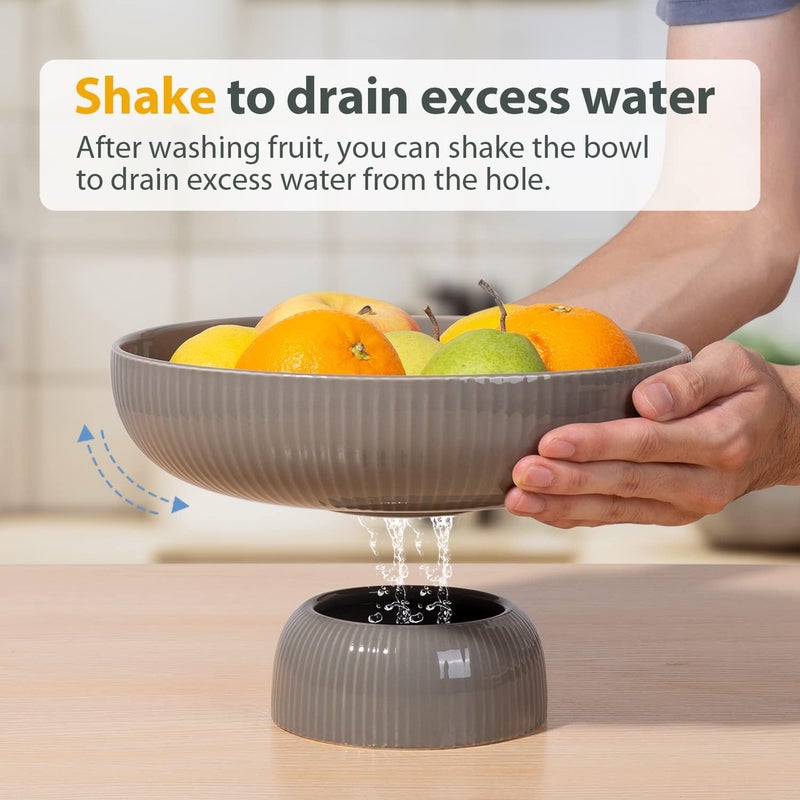 Magclay Ceramic Fruit Bowl with Draining Holes 10 Large Fruit Basket with Multifunctional Removable Pedestal Decorative Fruit Bowl for Table Countertop Fruit and Vegetable Holder Grey - Image 2