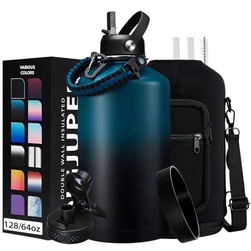 DIGJUPER 1 Gallon Water Bottle Stainless Steel - 128oz Insulated Flask Water Bottle with Sleeve Strap, Big Water Jug with Straw & Spout Lid, Gym Camping Gallon Water Bottle w/Paracord Handle, protective Boot - Image 1