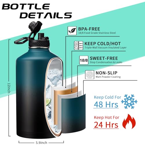 DIGJUPER 1 Gallon Water Bottle Stainless Steel - 128oz Insulated Flask Water Bottle with Sleeve Strap, Big Water Jug with Straw & Spout Lid, Gym Camping Gallon Water Bottle w/Paracord Handle, protective Boot - Image 4