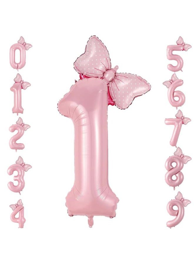 Eoopoon 40in Number 1 Balloon with Bow, Pink Large Happy Birthday Balloon for Girls 1st Birthday Party, Perfect for birthday Decorations Party Supplies (Number 1) - Image 1