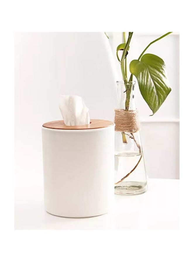 1 piece  Plastic Circle Shape Facial Tissue Box With Bamboo Cover White 13.5x13cm - Image 1