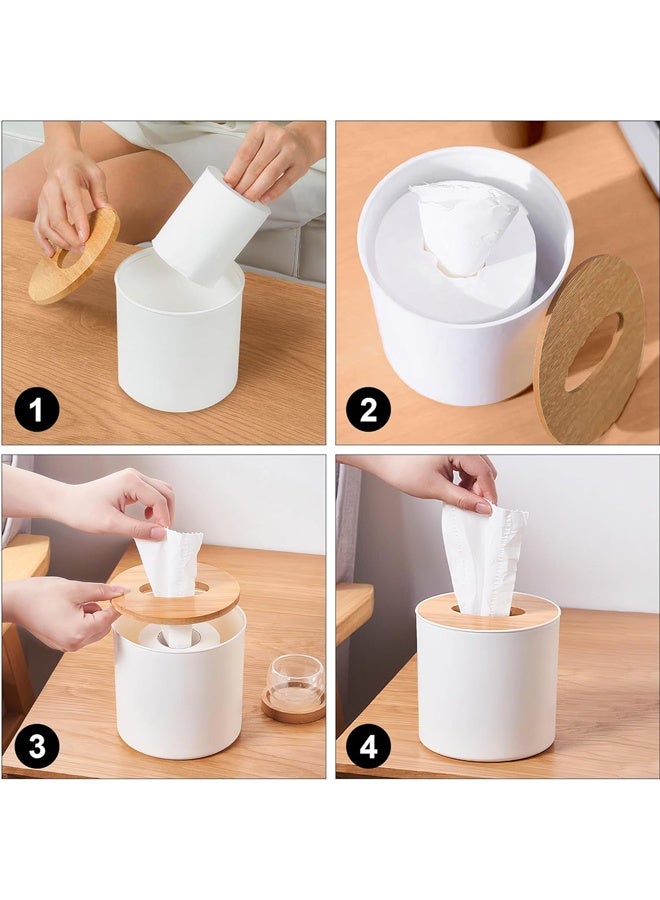 1 piece  Plastic Circle Shape Facial Tissue Box With Bamboo Cover White 13.5x13cm - Image 3