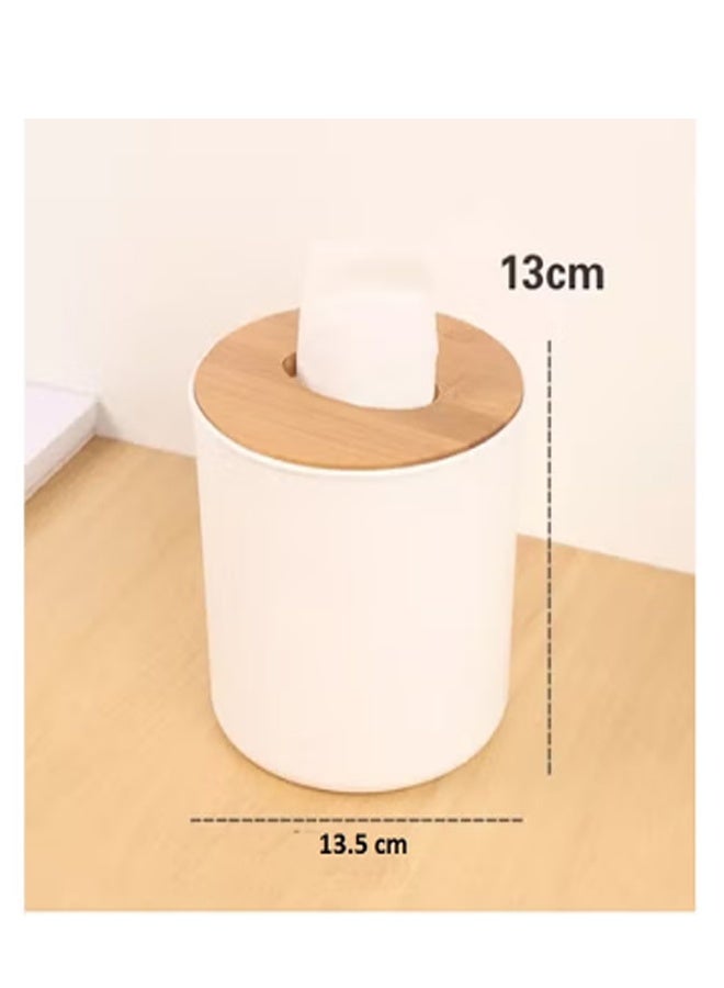 1 piece  Plastic Circle Shape Facial Tissue Box With Bamboo Cover White 13.5x13cm - Image 2