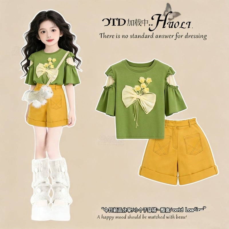 Girls'' Summer Outfit Set, New Style for Older Children, Stylish Short-Sleeve Top and Children''s Shorts Two-Piece Set - Image 2