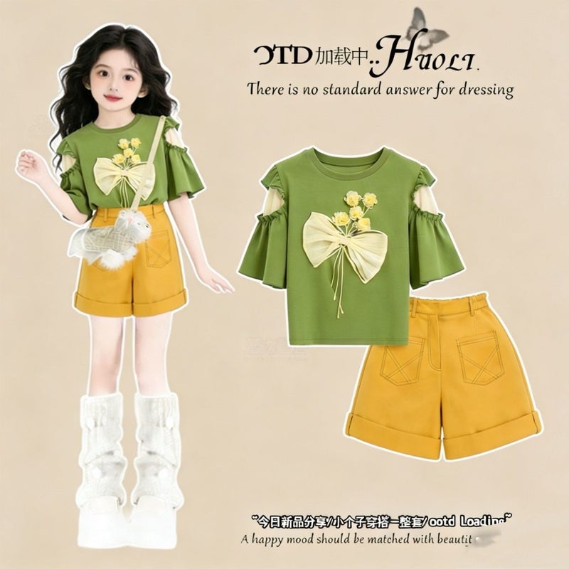 Girls'' Summer Outfit Set, New Style for Older Children, Stylish Short-Sleeve Top and Children''s Shorts Two-Piece Set - Image 5