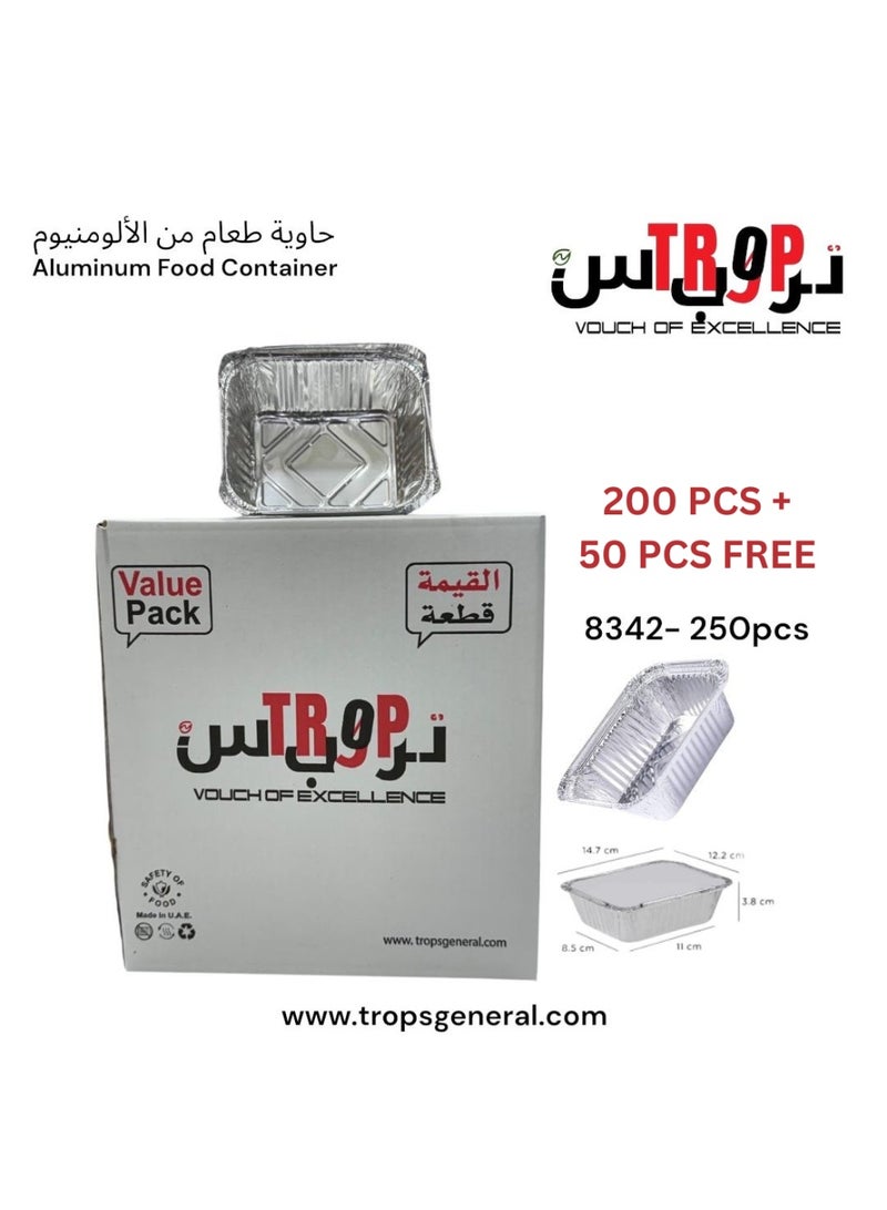 TROPS Disposable Take away Aluminium Rectangle Food Container Silver with Lid (8342).(200 PCS + 50 PCS free , 420 ml) - Image 1