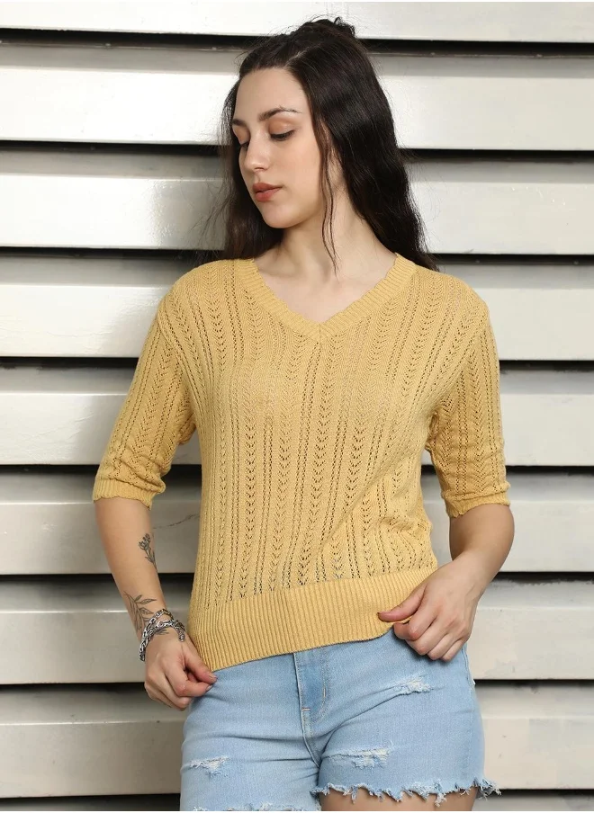 HIGH STAR Women's Yellow 100% Cotton Solid Pattern Regular Fit Top