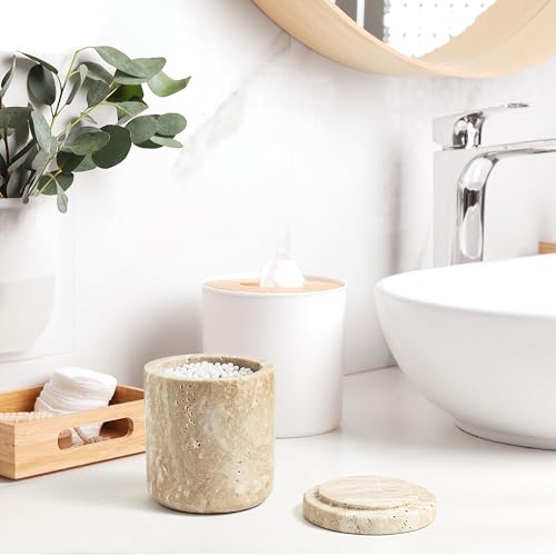 WORHE Travertine Qtip Holder Dispenser with Lid for Cotton Swabs,Balls,Pads,Floss Picks Large Capacity Marble Apothecary Jar for Bathroom Essentials Decor, Vanity Makeup Storage Organizer Beige(WH050) - Image 4