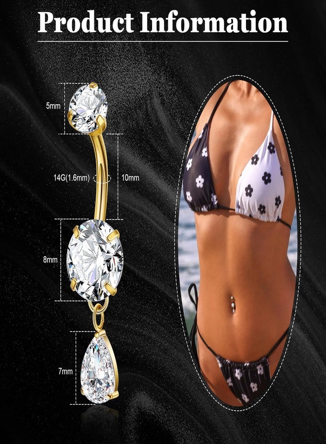 NICEIGHT F136 Titanium Dangle Belly Button Ring for Women Dangling Navel Ring Hypoallergenic Teardrop Belly Rings Internally Threaded CZ Belly Piercing Jewelry 10MM Gold - Image 3