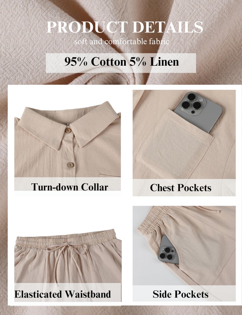SeekMe Linen Short Sets for Women Short Sleeve Top Shorts 2 Piece Summer Beach Vacation Outfits Lounge Tracksuits(1717-Apricot-XXL-FY) - Image 2