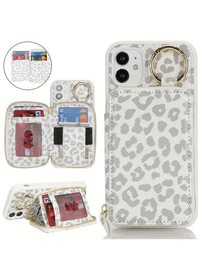 حافظة هاتف بيضاء بمطبوع نمر متوافقة مع آيفون 11، تحتوي على فتحة للبطاقات، جيب بسحاب وحلقة حامل. - Image 1