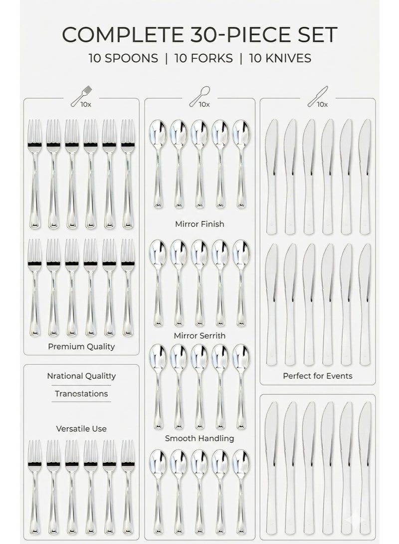 4basix Premium Silver Plastic Cutlery Set, 30 Pieces Flatware Collection Includes 10 Spoons, 10 Forks and 10 Knives, Elegant Reusable Dining Tableware for Home Kitchen and Serving - Image 5
