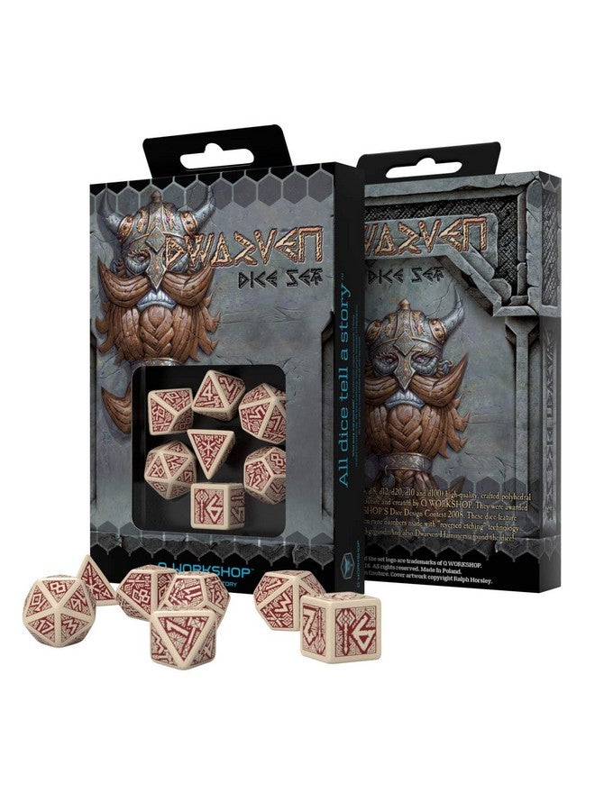 Q WORKSHOP Q-Workshop Dwarven Beige & Burgundy RPG Ornamented Dice Set 7 Polyhedral Pieces - Image 2