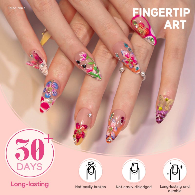 HOSAILY 3D Flower Summer Press on Nails Medium Almond, 24pcs Colorful Butterfly Floral Design Pretty Beach Vacation Nails for Women, Glossy Gold Beads Rhinestones Charms French Tip Glue on False Nails - Image 3