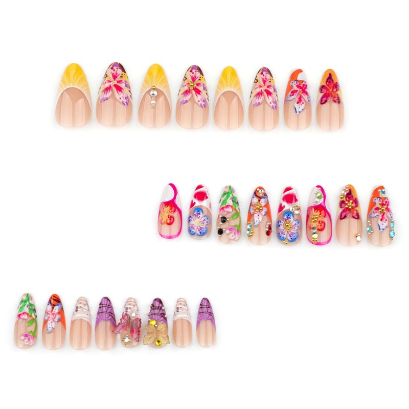 HOSAILY 3D Flower Summer Press on Nails Medium Almond, 24pcs Colorful Butterfly Floral Design Pretty Beach Vacation Nails for Women, Glossy Gold Beads Rhinestones Charms French Tip Glue on False Nails - Image 2
