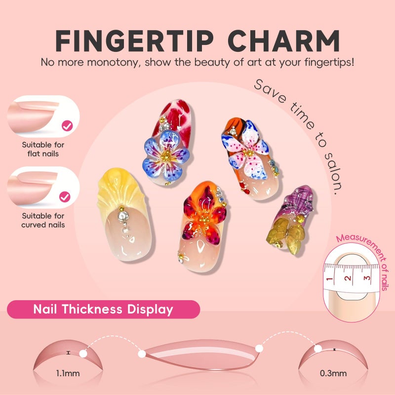 HOSAILY 3D Flower Summer Press on Nails Medium Almond, 24pcs Colorful Butterfly Floral Design Pretty Beach Vacation Nails for Women, Glossy Gold Beads Rhinestones Charms French Tip Glue on False Nails - Image 4