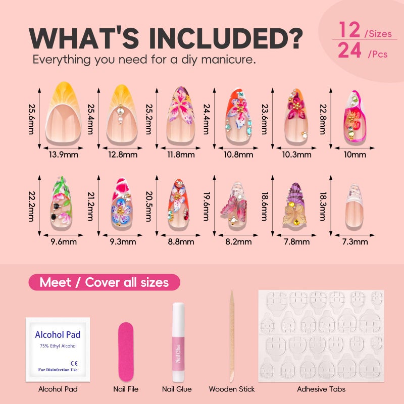 HOSAILY 3D Flower Summer Press on Nails Medium Almond, 24pcs Colorful Butterfly Floral Design Pretty Beach Vacation Nails for Women, Glossy Gold Beads Rhinestones Charms French Tip Glue on False Nails - Image 5