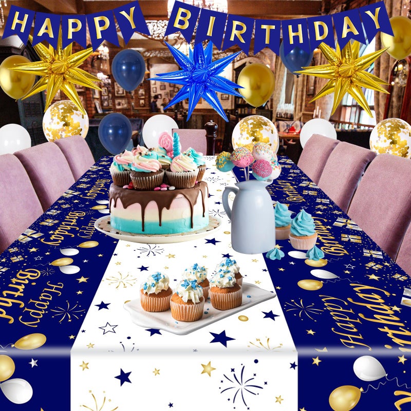 Pounira Blue and Gold Birthday Decorations for Men Women, Happy Birthday Decorations for Boys Girls Happy Birthday Banner, Balloons, Tablecloth, Foil Backdrop Star Balloons Bday Party Decor for Him Her - Image 5