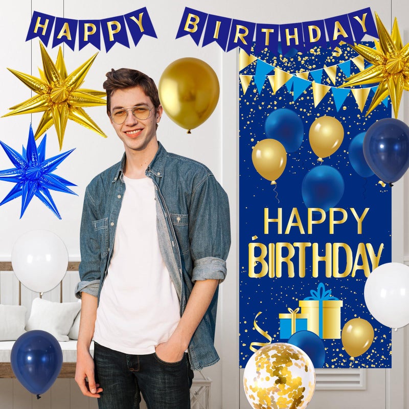 Pounira Blue and Gold Birthday Decorations for Men Women, Happy Birthday Decorations for Boys Girls Happy Birthday Banner, Balloons, Tablecloth, Foil Backdrop Star Balloons Bday Party Decor for Him Her - Image 4