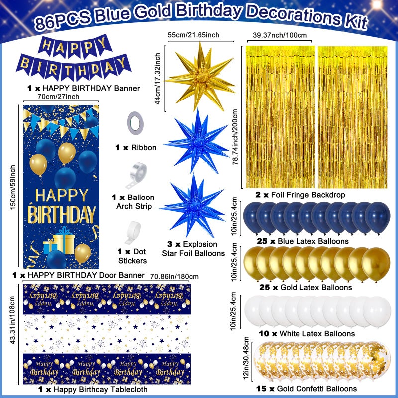 Pounira Blue and Gold Birthday Decorations for Men Women, Happy Birthday Decorations for Boys Girls Happy Birthday Banner, Balloons, Tablecloth, Foil Backdrop Star Balloons Bday Party Decor for Him Her - Image 2