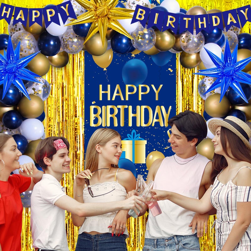 Pounira Blue and Gold Birthday Decorations for Men Women, Happy Birthday Decorations for Boys Girls Happy Birthday Banner, Balloons, Tablecloth, Foil Backdrop Star Balloons Bday Party Decor for Him Her - Image 3