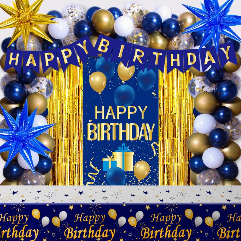 Pounira Blue and Gold Birthday Decorations for Men Women, Happy Birthday Decorations for Boys Girls Happy Birthday Banner, Balloons, Tablecloth, Foil Backdrop Star Balloons Bday Party Decor for Him Her - Image 1