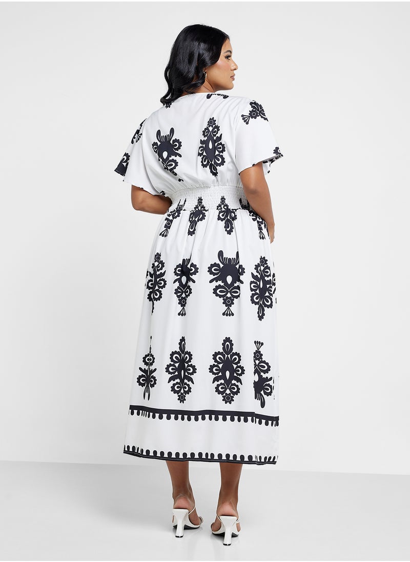 Ginger Plus - V Neck Boho Style A Line Midi Dress - Image 1