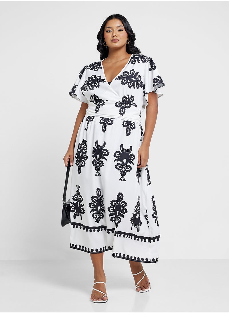 Ginger Plus - V Neck Boho Style A Line Midi Dress - Image 1