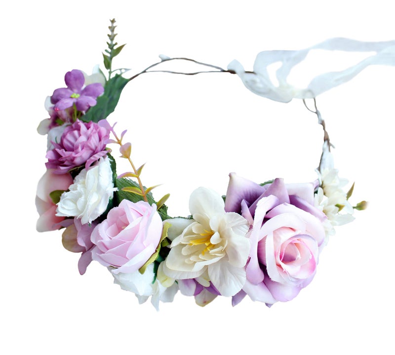LLinfflr Rose Flower Crown Flower Garland Headband Hair Wreath Floral Halo Headpiece Boho with Ribbon Wedding Party Photos Pink