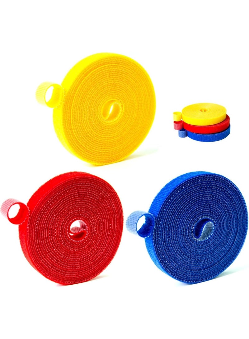 3 Rolls Velcro Cable Ties, Double Sided Hook and Loop Cable Management Tape, Not Easy to Fluff, Reusable and Durable, for Home, Office, Wire Bundling, 0.4in X 10ft, Yellow Red Blue - Image 1