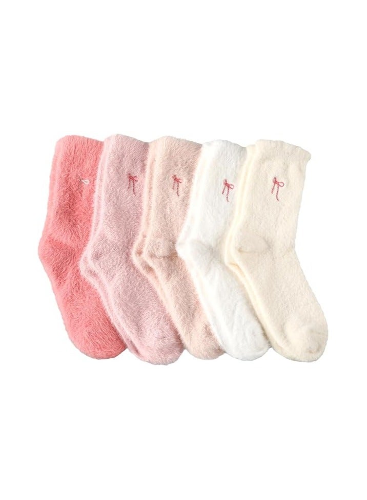 5 Pairs Women's Bow-Tie Fleece Socks Winter Soft Slipper Socks Soft Fleece Thick Fleece Spa-Like Home  Sleep - Image 1