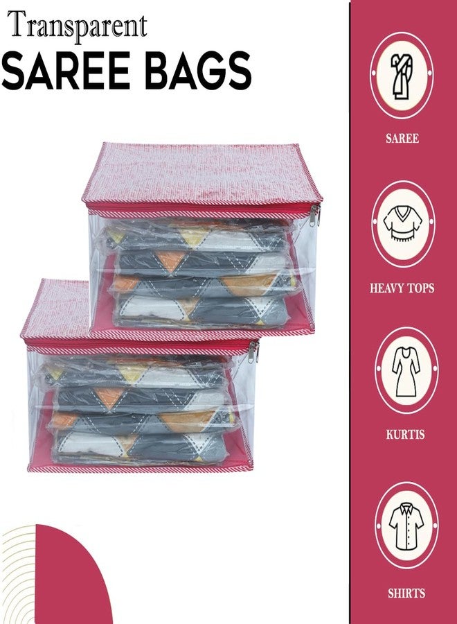 AARON INC Transparent Saree Cover Bag | Top Non-Woven Clothes Organizer for Wardrobe | Foldable Storage Bag for Sarees, Suits, and Garments (Maroon, Pack of 4) - Image 2