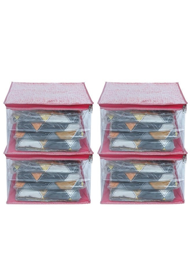 AARON INC Transparent Saree Cover Bag | Top Non-Woven Clothes Organizer for Wardrobe | Foldable Storage Bag for Sarees, Suits, and Garments (Maroon, Pack of 4) - Image 1