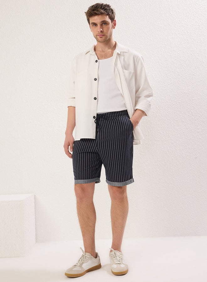 trendyol Navy Blue Regular Mid Length/Normal Cut Striped Shorts  - Image 1