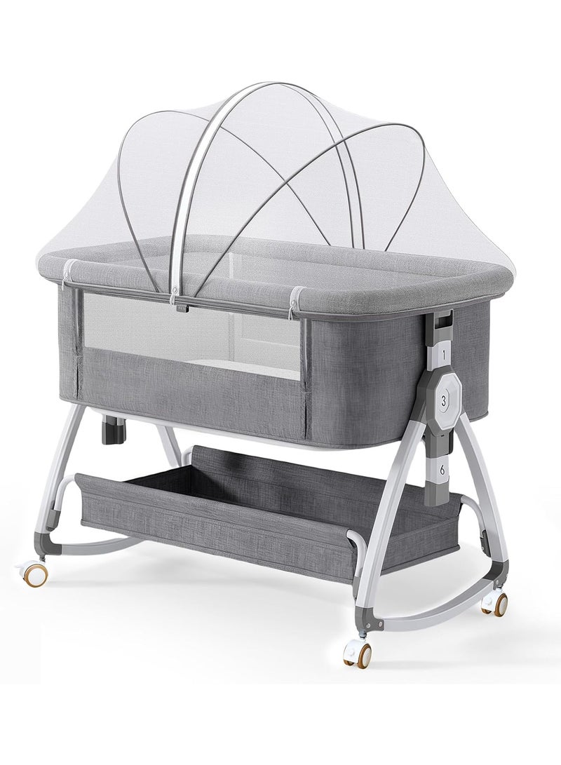 NNEWVANTE 4 in 1 Baby Bassinet & Bedside Sleeper with Soft Mattress, Ultra-Breathable & Washable, Removable Mosquito Net, 6 Height Adjustable, Rocking Mode, Storage Basket, Wheels, Easy Assemble & Folding - Image 1