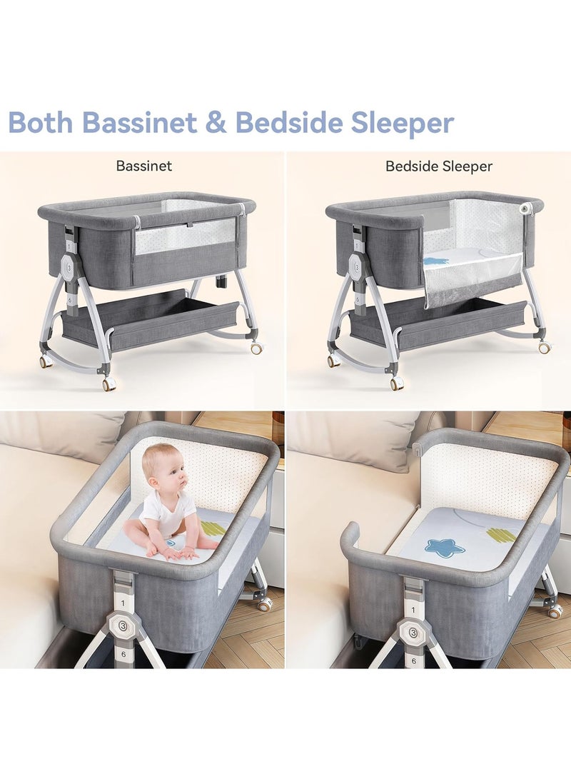 NNEWVANTE 4 in 1 Baby Bassinet & Bedside Sleeper with Soft Mattress, Ultra-Breathable & Washable, Removable Mosquito Net, 6 Height Adjustable, Rocking Mode, Storage Basket, Wheels, Easy Assemble & Folding - Image 3
