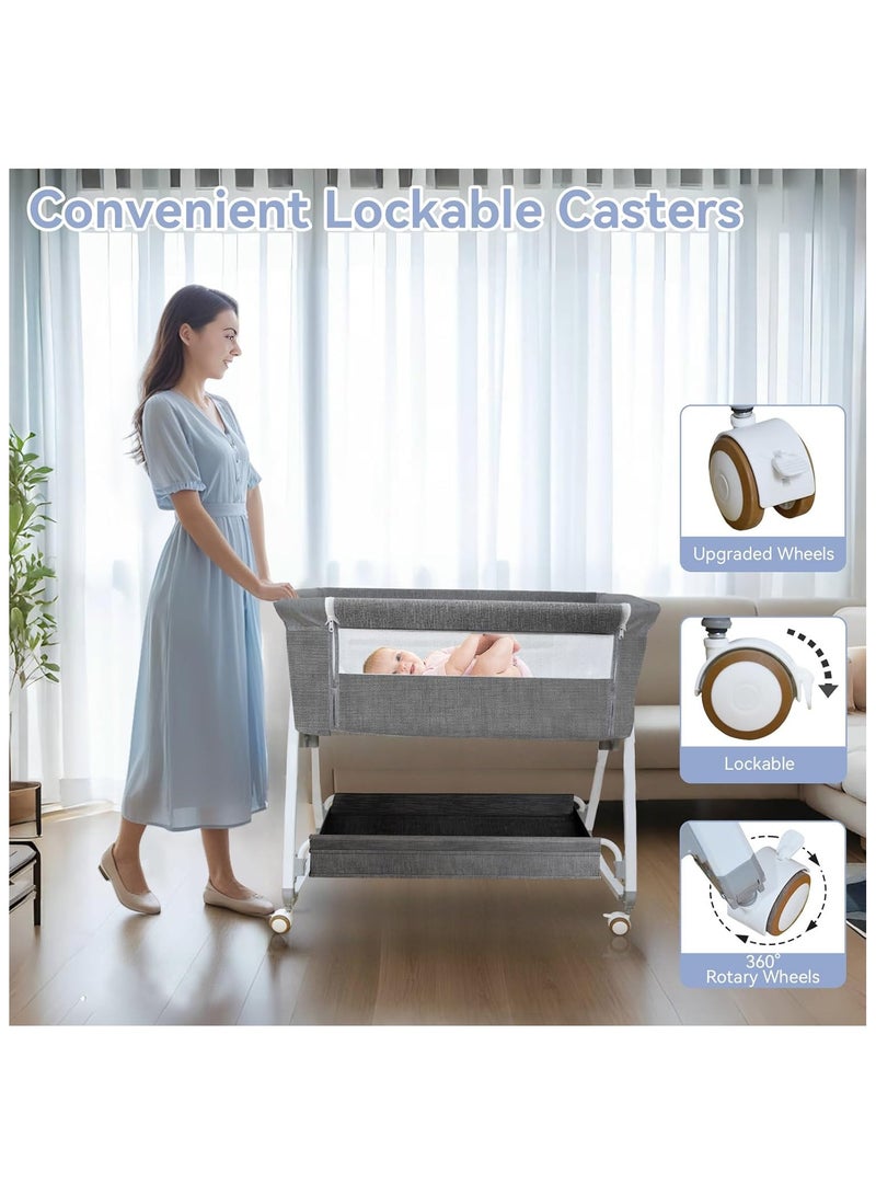 NNEWVANTE 4 in 1 Baby Bassinet & Bedside Sleeper with Soft Mattress, Ultra-Breathable & Washable, Removable Mosquito Net, 6 Height Adjustable, Rocking Mode, Storage Basket, Wheels, Easy Assemble & Folding - Image 4