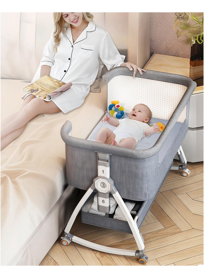 NNEWVANTE 4 in 1 Baby Bassinet & Bedside Sleeper with Soft Mattress, Ultra-Breathable & Washable, Removable Mosquito Net, 6 Height Adjustable, Rocking Mode, Storage Basket, Wheels, Easy Assemble & Folding - Image 5