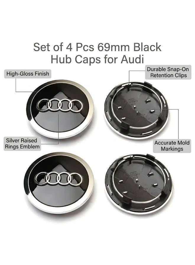 Audi 4 Pcs 69mm Black Wheel Center Hub Caps Cover for Audi, Durable ABS Plastic Hub Caps with Silver Emblem, OEM Style Snap-On Wheel Center Covers - Image 5