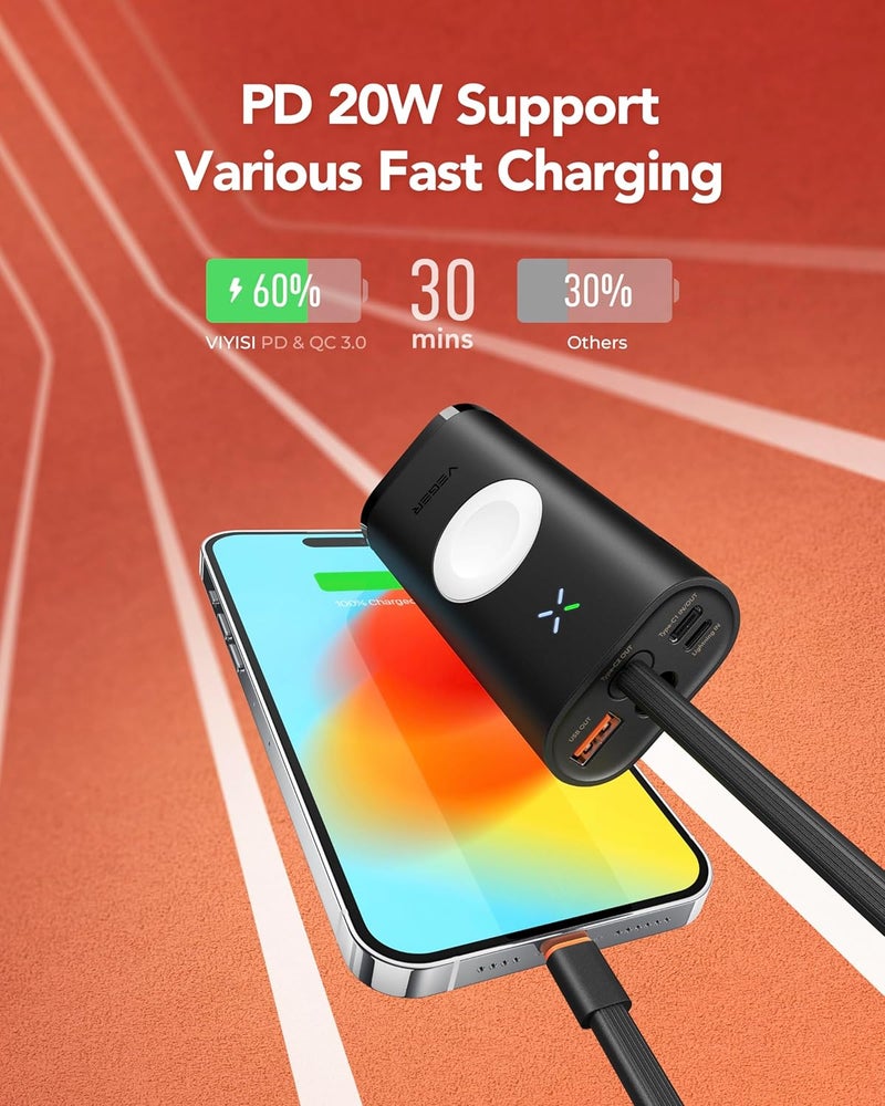VEGER Slim Portable Power Bank 10000mAh PD22.5W Fast Charging Built-in cables, Magnetic Wireless 2.5W Chargind for Apple Watch, Phone Charger Compatible with iPhone, Samsung Series and etc - Image 4