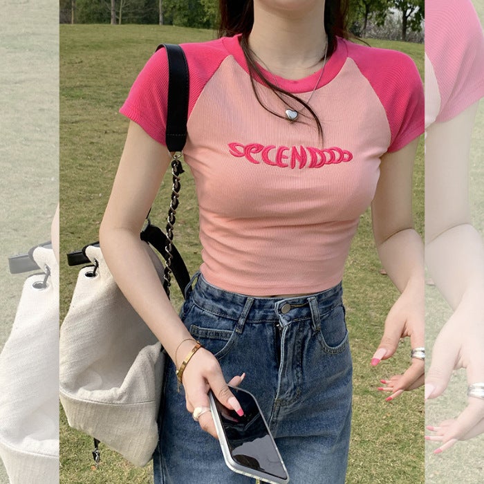 Generic Pink Shoulder T-shirt Womens Short-sleeved Contrast Color 2023 Summer New T-shirt Slim-fit Slimming Short Tight Top Trendy Pink