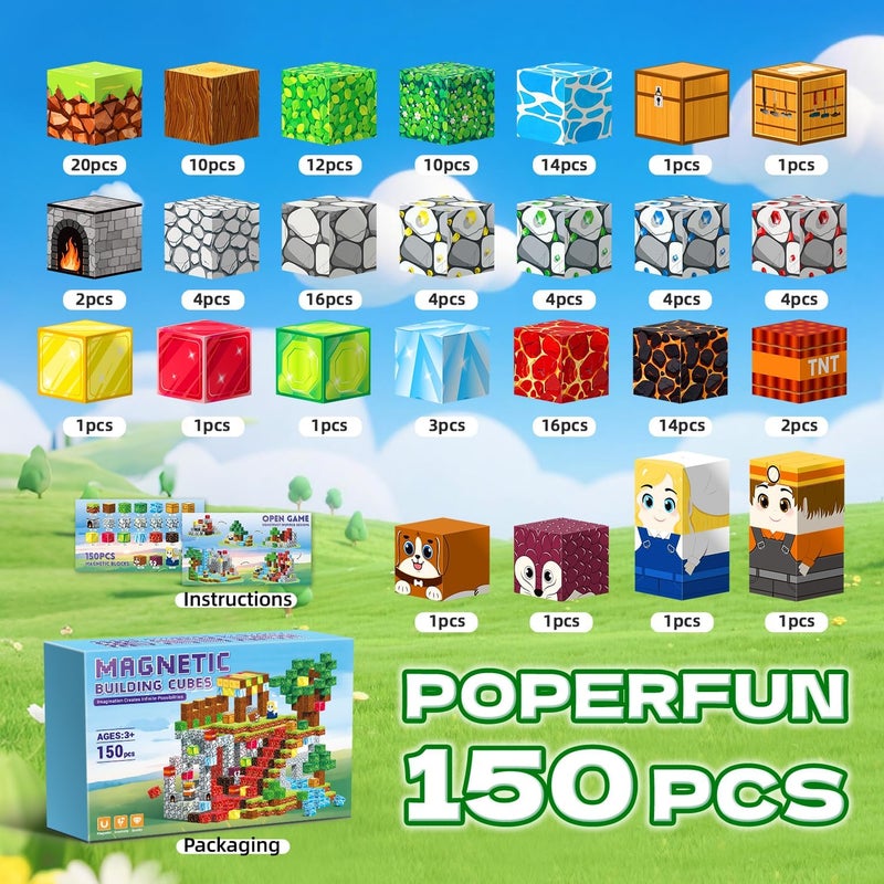 POPERFUN Magnetic Building Blocks, 150 Pieces, Magnetic Building Blocks, Children from 3-10 Years, Boys and Girls, Construction World Magnetic Toy, Magnetic Blocks, Preschool Learning Toy, Birthday - Image 2