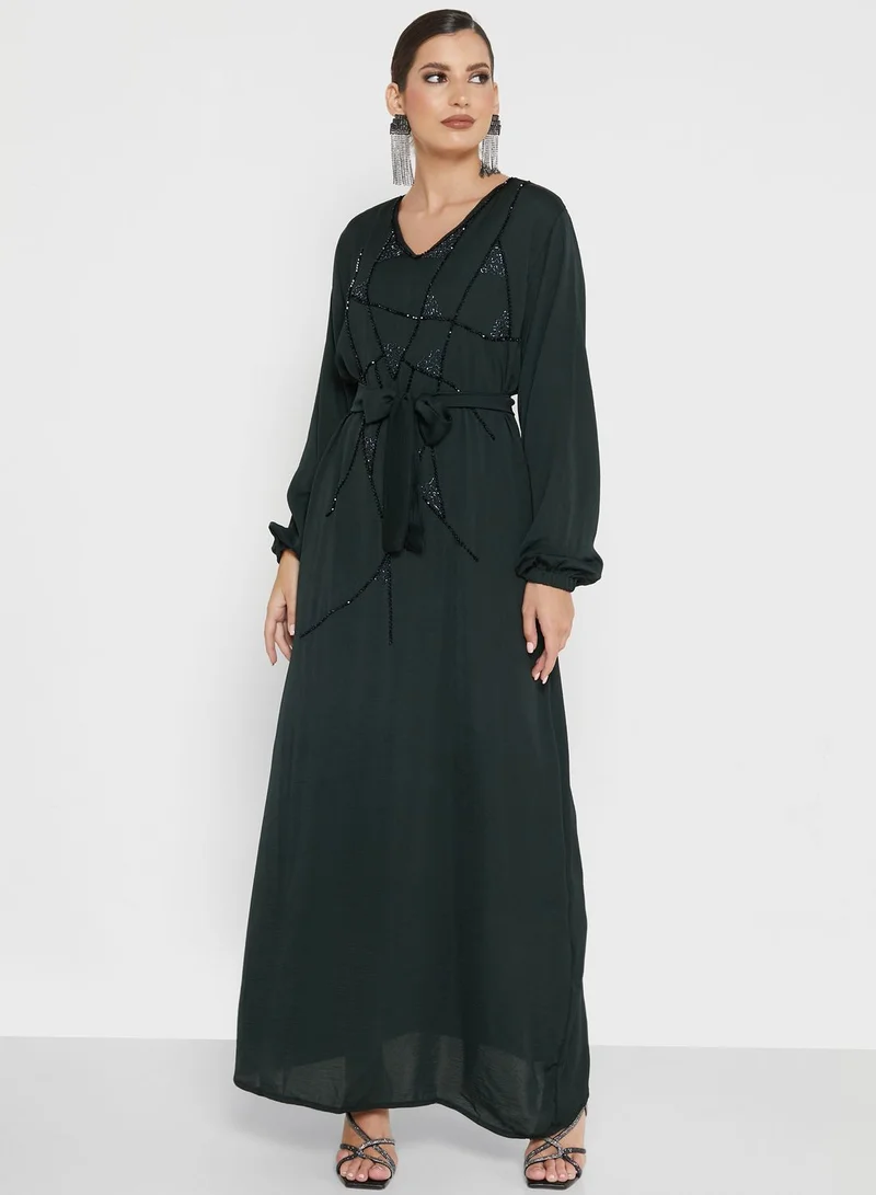 hayas closet V-Neck Embellished Jalabiya