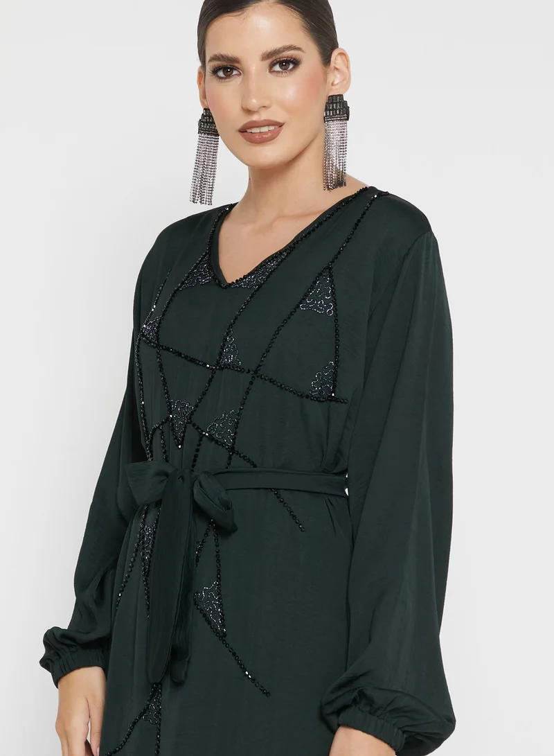 hayas closet V-Neck Embellished Jalabiya