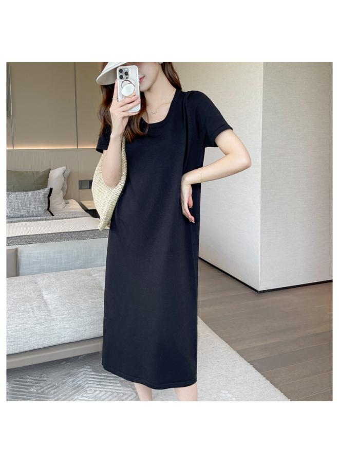 Crewneck Shoulder Short-sleeved T-shirt Women's Dress Summer High-end Sense Elegant Loose Long Dress